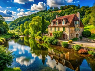 Obraz premium Breathtaking panoramic view: French river house nestled in the stunning Gardon Valley countryside.