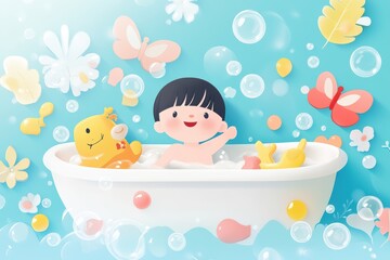 Happy child enjoying a fun bath experience with bubbles and colorful toys
