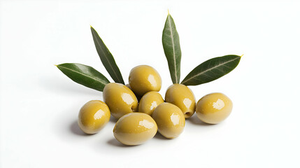 Pile Of Green Olives With Fresh Green Leaves on White Background