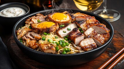 Fototapeta premium Delicious Japanese Ramen Bowl with Chicken, Egg, Noodles, and Green Onion on a Dark Background