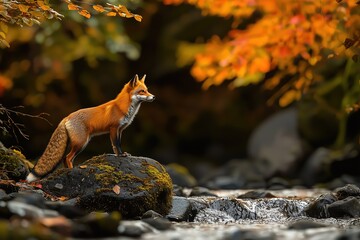 Alert Red Fox Standing on Mossy Rock by a Stream in Vibrant Autumn Forest