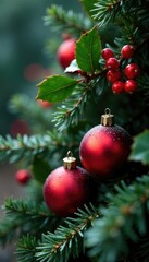 Fototapeta premium Holly berries and red ornaments nestled among winter greenery, winter, decoration