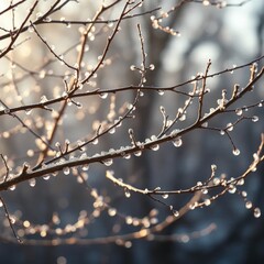 Bare tree branches glisten with dew in morning light, icy, morning
