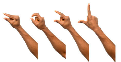 A sequence of four hand gestures, each forming a different shape against a neutral background. The...