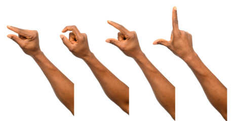 A sequence of four hand gestures, each forming a different shape against a neutral background. The signs resemble letters or symbols, possibly representing communication, expression, or sign language.