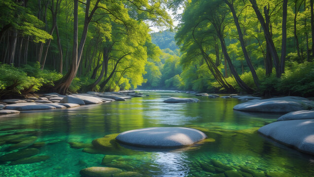 Crystal Clear River Flowing Through Lush Green Forest &ndash; Serene Nature Landscape, Tranquil Water Stream, Refreshing Mountain Creek, Rocky Riverbank, Summer Scenery, Peaceful Wilderness, Eco Tourism Bea