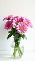 Obraz premium Pink aster flowers in a vase on white background, blossoms, nature, blossoms