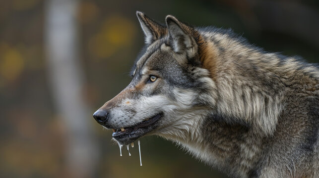 Aggressive rabid dog snarling with frothy saliva, intense eyes, and raised fur, isolated on a blurred background. Concept of danger, wild animal behavior, and rabies awareness