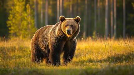 Fototapeta premium Magnificent Brown Bear Standing in a Sunlit Meadow, Forest in the Background
