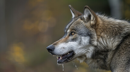 Fototapeta premium Aggressive rabid dog snarling with frothy saliva, intense eyes, and raised fur, isolated on a blurred background. Concept of danger, wild animal behavior, and rabies awareness