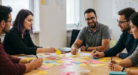 Strategy and planning session using sticky notes in a modern workspace