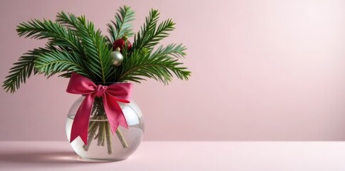 Fototapeta premium Pink velvet ribbon wrapped around a frosted glass vase filled with evergreen branches, greenery, ornaments, evergreen