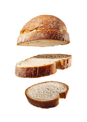 Levitating Rustic Bread Slices Sliced into Several Pieces