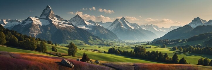 Majestic Alpine Landscape. Snow-Capped Peaks and Verdant Valleys Under Tranquil Sky