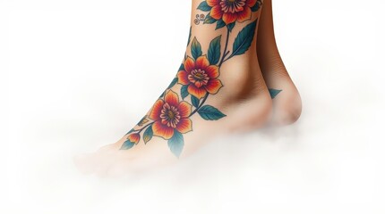 woman&rsquo;s leg with a floral tattoo on a gray backdrop