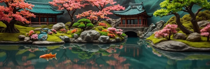 Naklejka premium Serene Miniature Japanese Garden with Cherry Blossoms and Koi Fish Reflections in Tranquil Pond