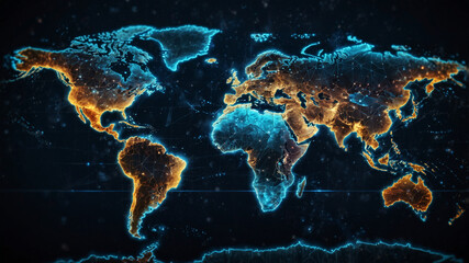 Futuristic Digital World Map with Glowing Technology Network – Global Cybersecurity, Data Connectivity, and Artificial Intelligence Concept