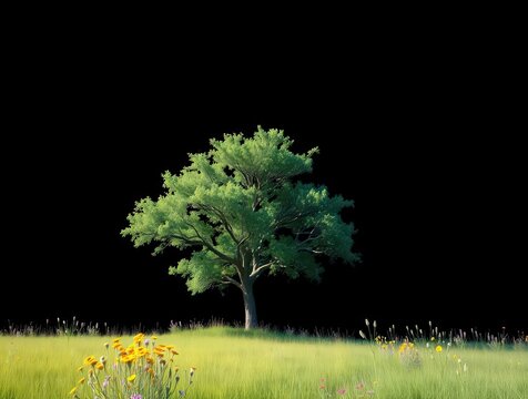 Lone tree in a vivid summer meadow with colorful wildflowers and blue sky