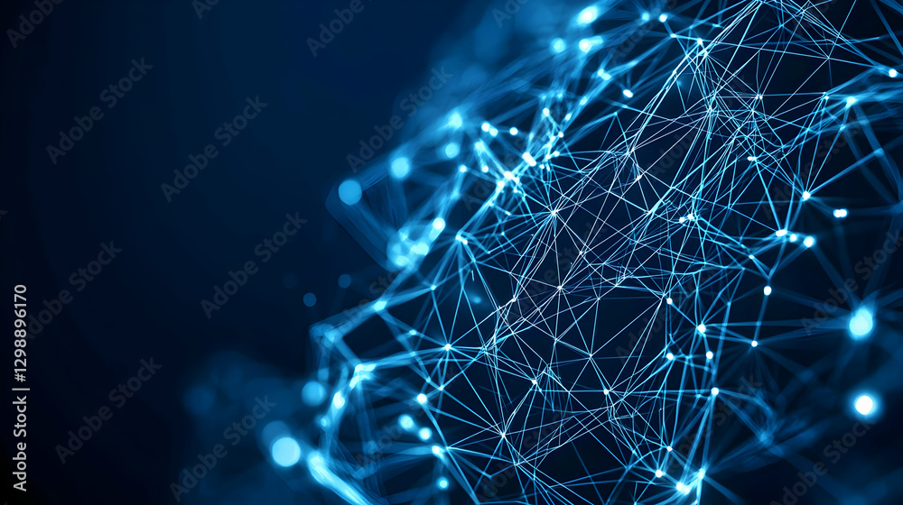 Wall mural abstract blue digital network connection with glowing lines and dots on dark background