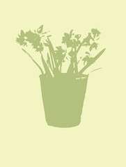 Illustration of a vase with flowers in soft green color. Daffodil silhouette on a green background. Simple vector graphic greeting with flowers. Greeting card made in minimalist style