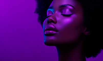 A model with beautiful afro hair posing for a camera in a skincare commercial on purple background