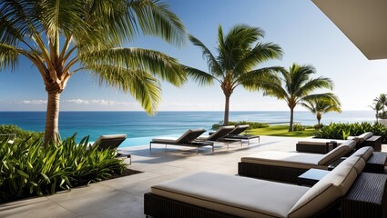 Fototapeta premium Luxurious Beachfront Oasis with Palm Trees and Infinity Pool Overlooking Turquoise Waters