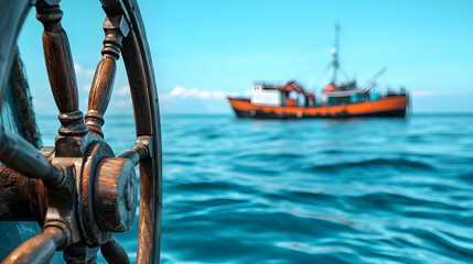 Wooden Ship Steering Wheel And Orange Boat Sailing On The Blue Ocean