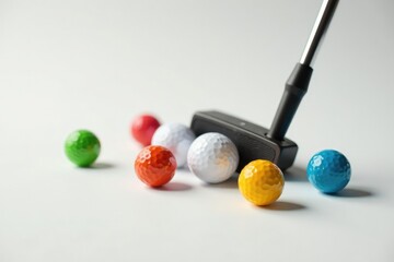 Putter on white surface with balls scattered around, golf club putter, mess