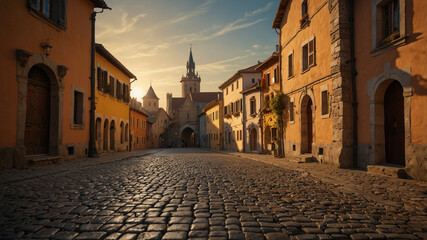 Naklejka premium Charming European Village Street at Sunset – Historic Architecture, Cobblestone Road, Warm Golden Light, and Classic Buildings – Tranquil Old Town with Church Tower and Vintage Atmosphere