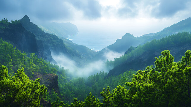 Lush green Canarian pine forest at Tamadaba, with misty mountains and ocean views. serene landscape evokes sense of tranquility and natural beauty