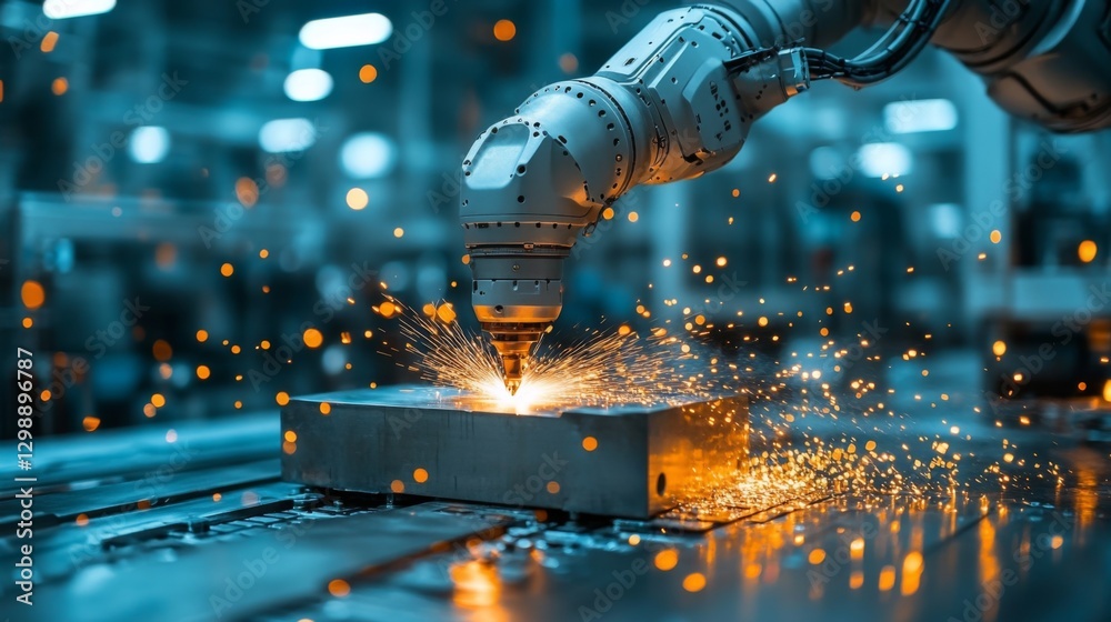 Aufkleber In a bustling factory setting, a robotic arm precisely uses welding technology on a metal block, emitting bright sparks. This highlights advanced automation in modern manufacturing.