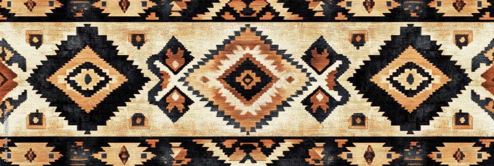 Poster intricate geometric patterns of a woven textile in warm earth tones and black displayed on a neutral