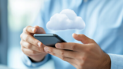 Close-up of hands holding a smartphone with a cloud hovering above, symbolizing cloud technology and online storage