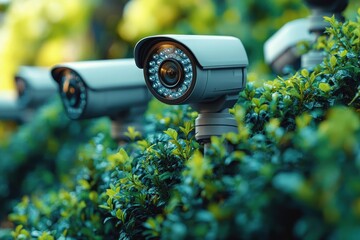 Graphic layouts for advertising security systems featuring surveillance cameras on a lush backdrop