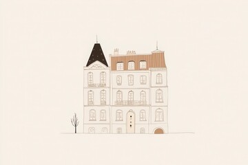 Fototapeta premium Beige Minimalist House Illustration with Geometric Shapes Design using Geometric Figures and Lines Featuring White Walls and Brown Roof Design Illustration featuring Minimalist Architecture Elements