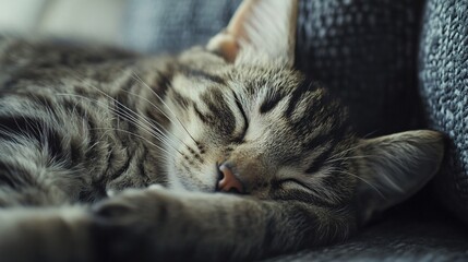 Adorable Kitten Sleeping Peacefully after Playtime - Cute Domestic Cat Resting - Stock Photo