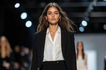 An elegant model confidently walks the runway in a chic suit, embodying sophistication and modern style amidst a captivating fashion presentation.