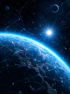 space, earth, planet, blue, black, connection, digital, illustration, globe, universe, fantasy, world, technology, galaxy, backdrop, color, sun, concept, futuristic, stars, design, glow, motion, fract