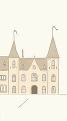 Fototapeta premium Beige Minimalist Illustration Of A Historic European Castle Exterior Design Illustration Art Style Sketching Drawing Style Illustration Art With Towers Windows Doors Roof Flag Mansion Structure