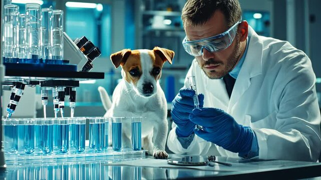 Scientist conducts research with a small dog in a laboratory setting during daytime hours