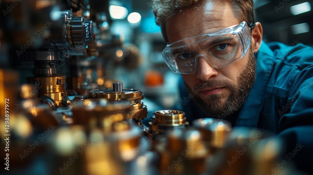 Aufkleber a technician wearing safety goggles carefully examines industrial machinery in a well-lit automated 