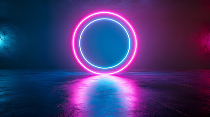 Abstract neon background with glowing rings on a dark blue and purple gradient
