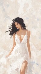 Woman white dress cream background