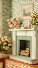 Cozy living room with floral decor and elegant fireplace featuring soft pastel colors and vintage charm