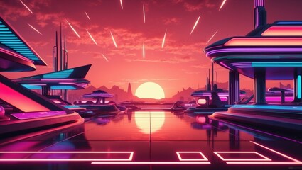 Vibrant Futuristic Cityscape at Sunset with Neon-Lit Structures and Radiant Skies