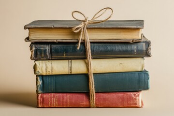 A stack of aged vintage books tied with twine, set against a neutral background, evoking nostalgia and a love for literature