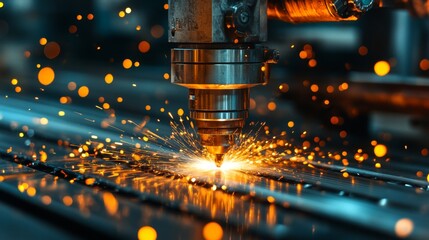 A laser cutter focuses on metal sheets in a manufacturing facility, generating sparks and precision cuts. Advanced machinery showcases automation in the production process.