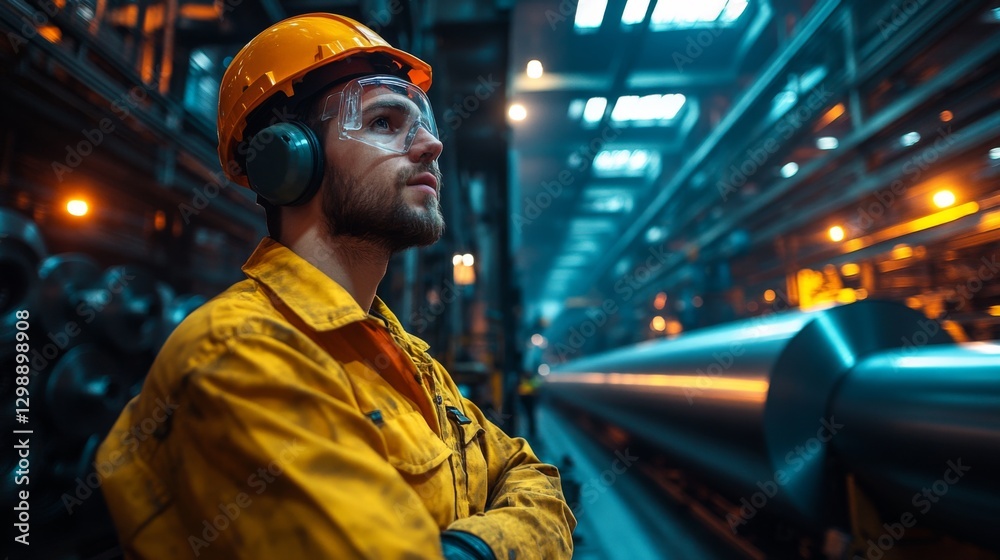 Poster an engineer monitors the activity in a manufacturing facility, surrounded by large machinery and ill