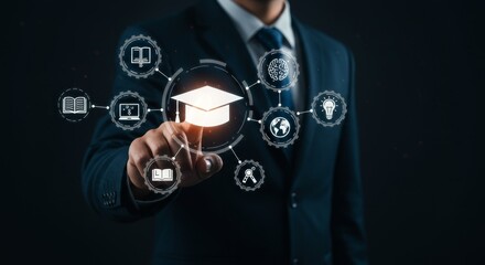 Man touching virtual graduation cap with education icons

