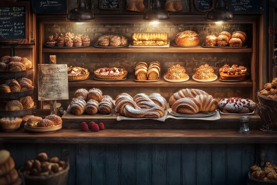 The cozy atmosphere of a bakery shop with beautifully arranged pastries.